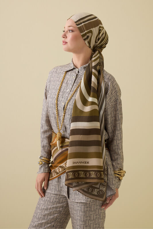 Noor with Waves Khaki Viscose Shawl - 1