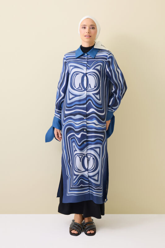 Noor with Waves Navy Blue Silk Shirt Dress - 1