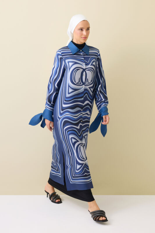 Noor with Waves Navy Blue Silk Shirt Dress - 5