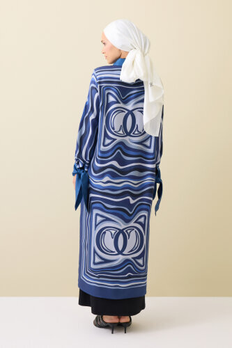 Noor with Waves Navy Blue Silk Shirt Dress - 7