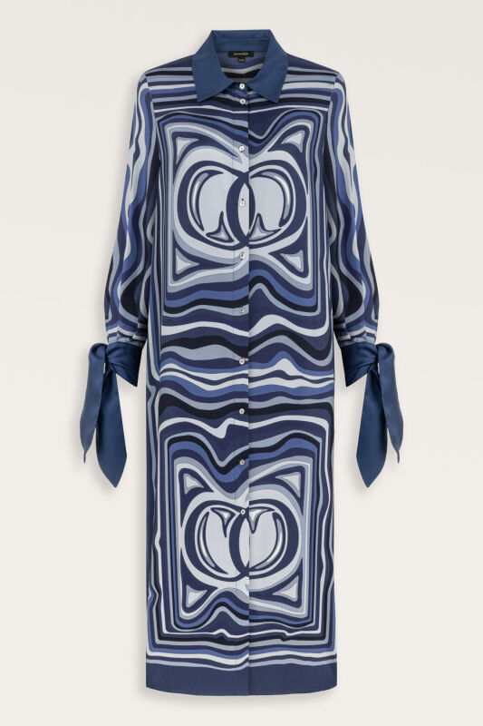 Noor with Waves Navy Blue Silk Shirt Dress - 2