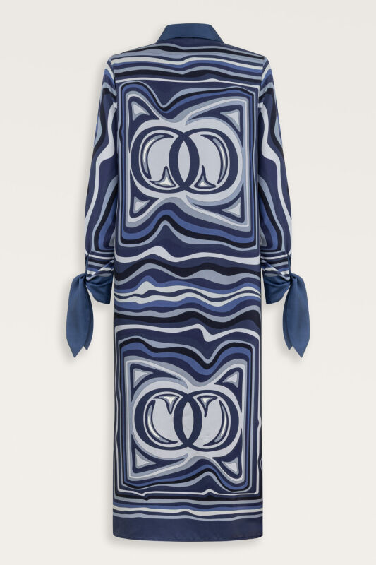 Noor with Waves Navy Blue Silk Shirt Dress - 4