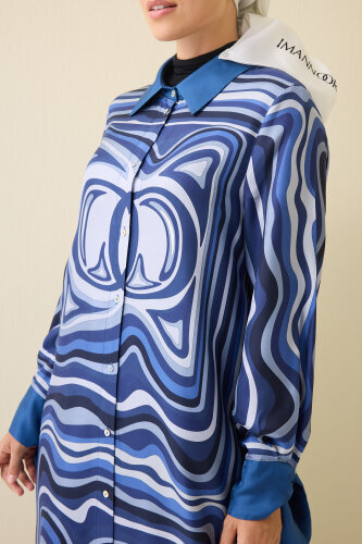 Noor with Waves Navy Blue Silk Shirt Dress - 3