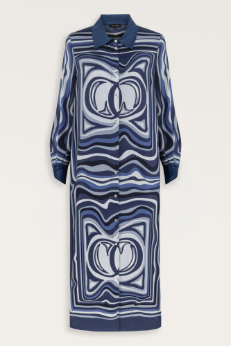 Noor with Waves Navy Blue Silk Shirt Dress 