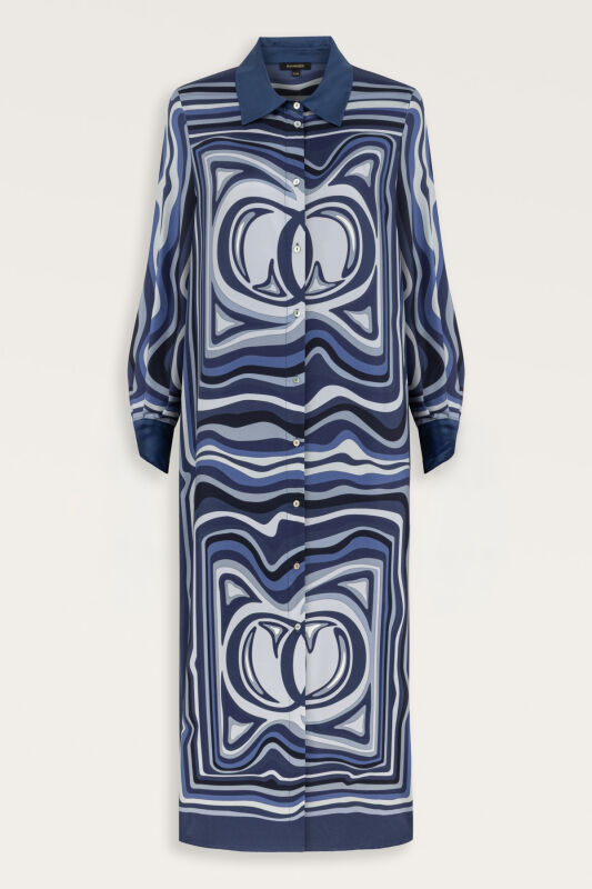 Noor with Waves Navy Blue Silk Shirt Dress - 1