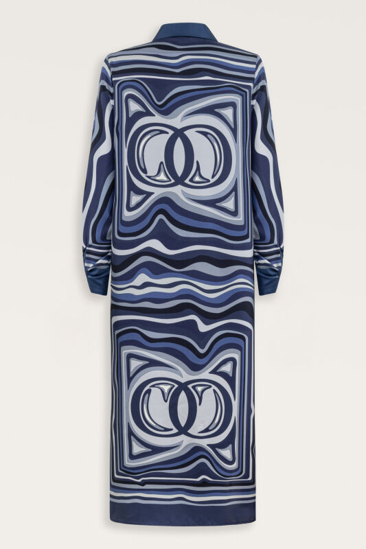 Noor with Waves Navy Blue Silk Shirt Dress - 3