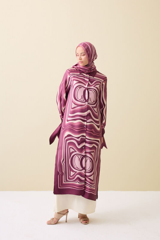 Noor with Waves Plum Silk Shirt Dress - 1