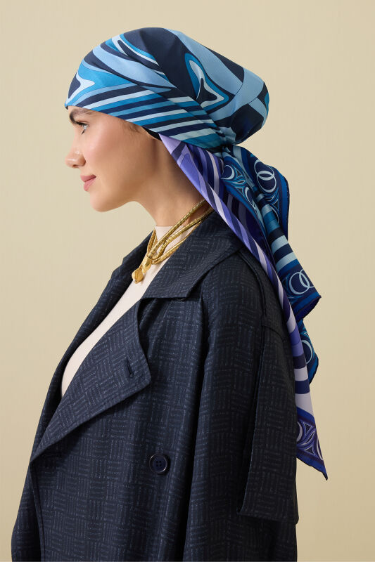 Noor with Waves Purple-Navy Blue Double-Sided Silk Scarf - 3