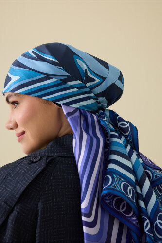 Noor with Waves Purple-Navy Blue Double-Sided Silk Scarf - Imannoor (1)