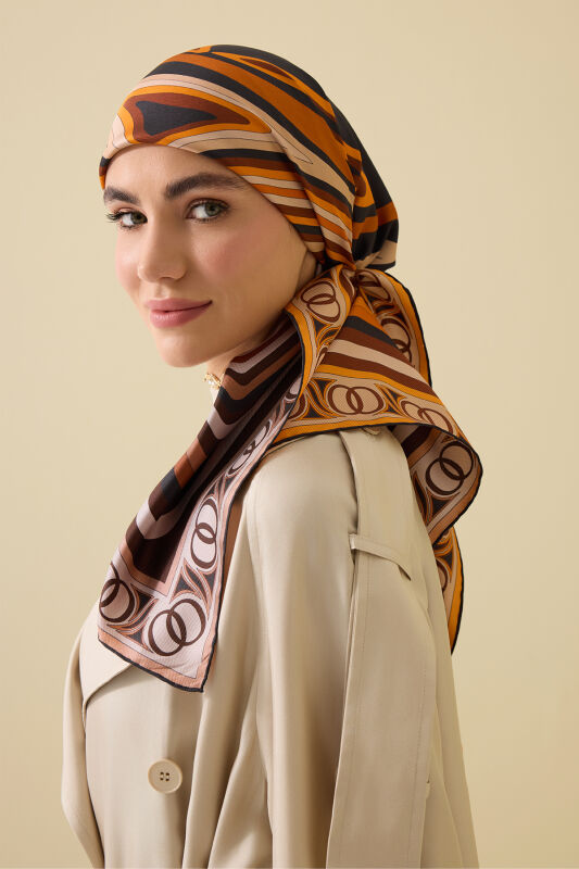 Noor with Waves rown-Orange Double-Sided Silk Scarf - 3