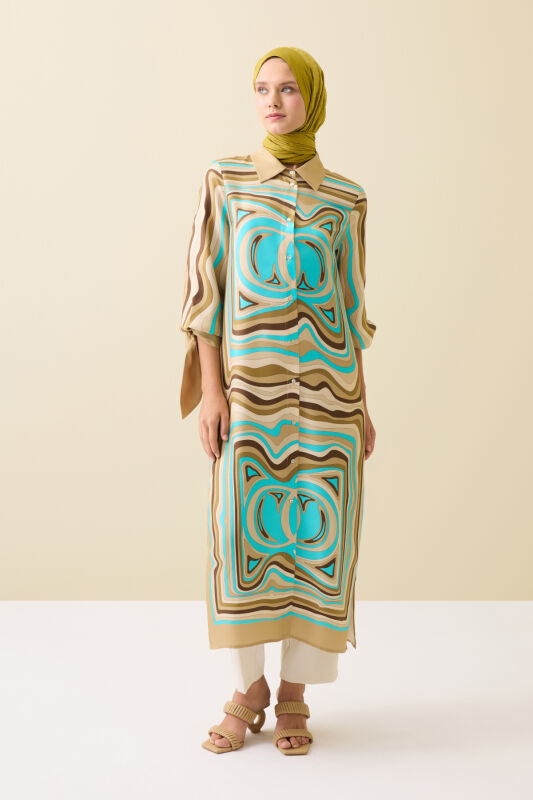 Noor with Waves Turquoise-Beige Silk Shirt Dress - 1
