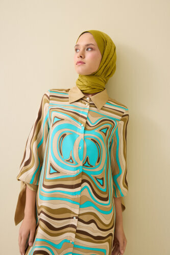 Noor with Waves Turquoise-Beige Silk Shirt Dress - 3