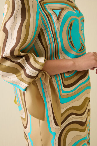 Noor with Waves Turquoise-Beige Silk Shirt Dress - 5