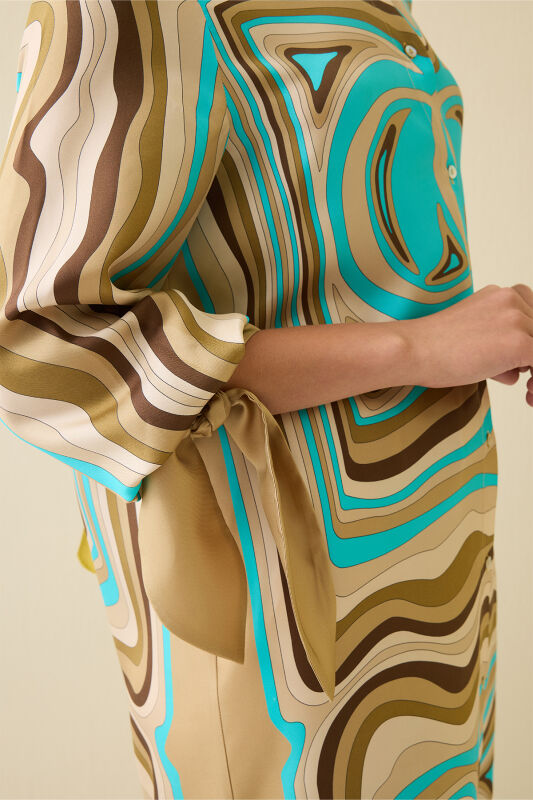 Noor with Waves Turquoise-Beige Silk Shirt Dress - 5