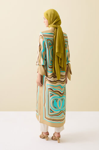Noor with Waves Turquoise-Beige Silk Shirt Dress - 7