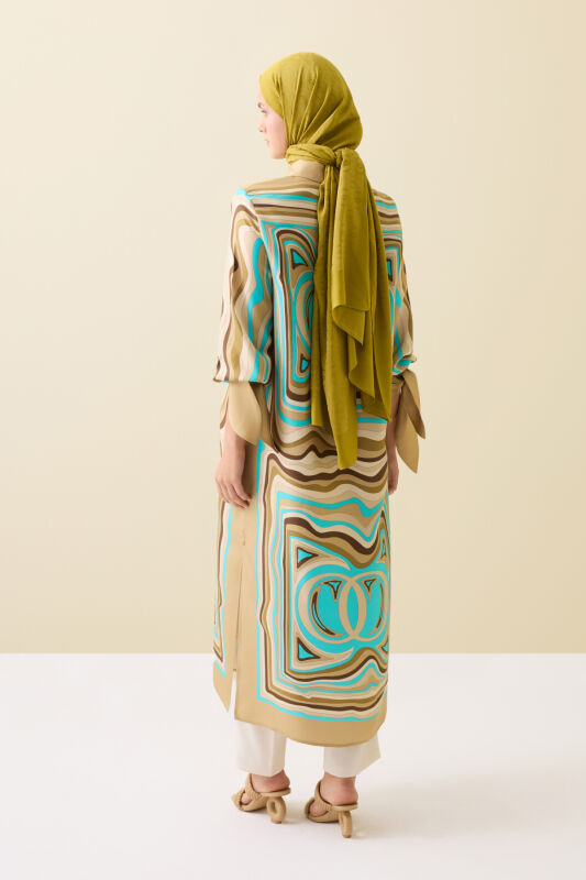 Noor with Waves Turquoise-Beige Silk Shirt Dress - 7