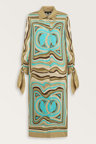 Noor with Waves Turquoise-Beige Silk Shirt Dress - 2