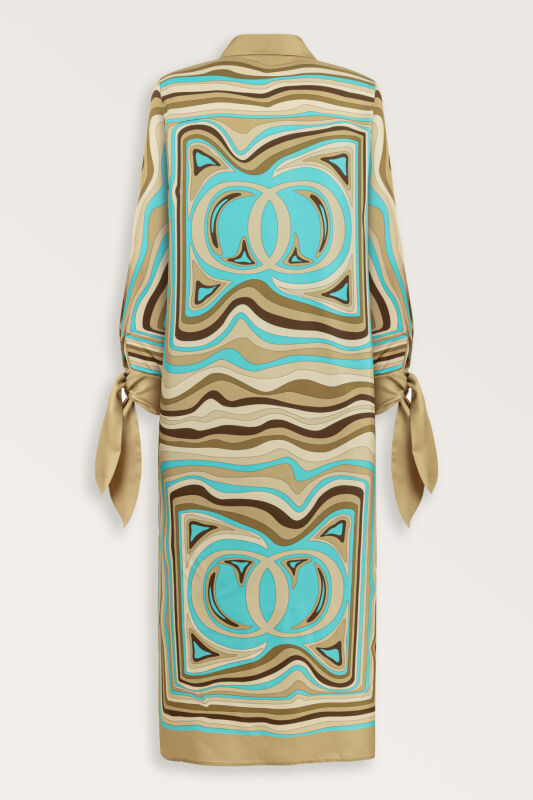 Noor with Waves Turquoise-Beige Silk Shirt Dress - 4