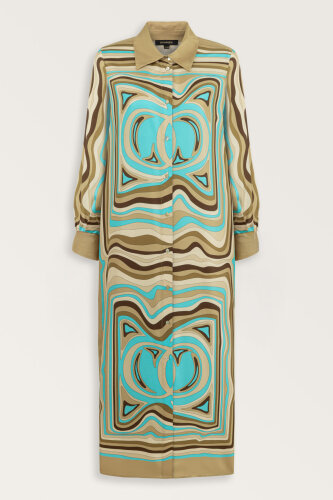 Noor with Waves Turquoise-Beige Silk Shirt Dress 
