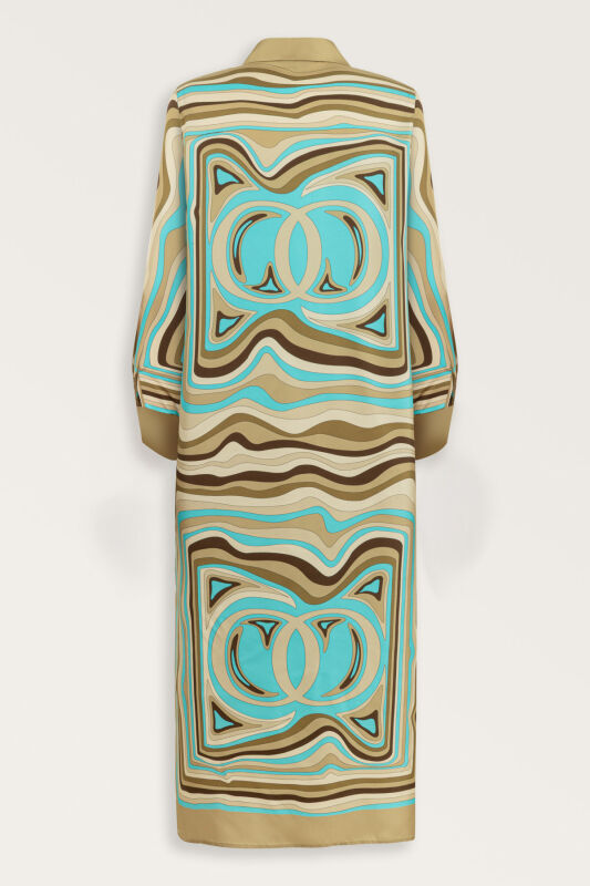 Noor with Waves Turquoise-Beige Silk Shirt Dress - 3