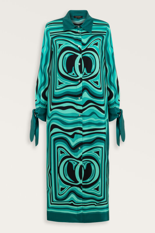Noor with Waves Turquoise Silk Shirt Dress - 2