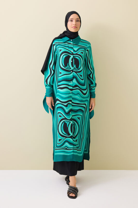 Noor with Waves Turquoise Silk Shirt Dress - 1