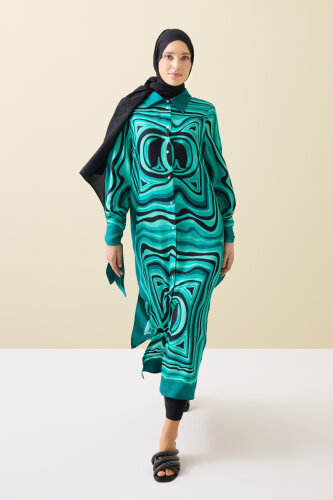 Noor with Waves Turquoise Silk Shirt Dress - 5