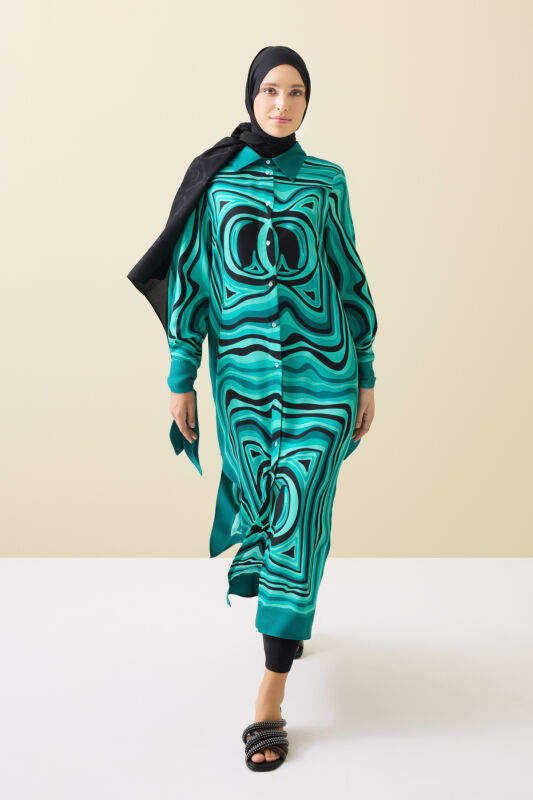 Noor with Waves Turquoise Silk Shirt Dress - 5