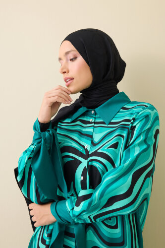 Noor with Waves Turquoise Silk Shirt Dress - 7