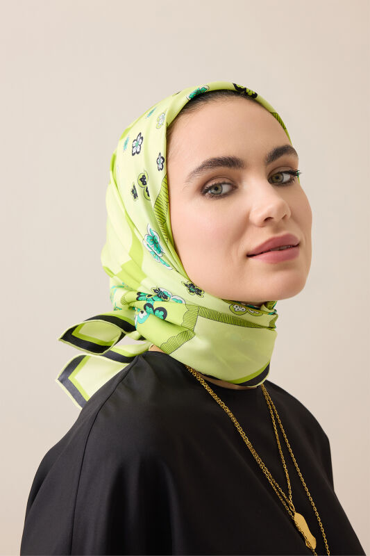 Örgü Fıstık Yeşili Tivil İpek Eşarp 90x90 - 3