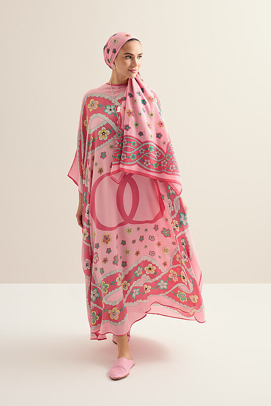 Örgü Pembe Krep İpek Kaftan - 1