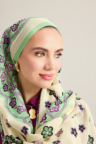 Örgü Yeşil-Lila Floş Pamuk Şal 70x210 - Imannoor (3)