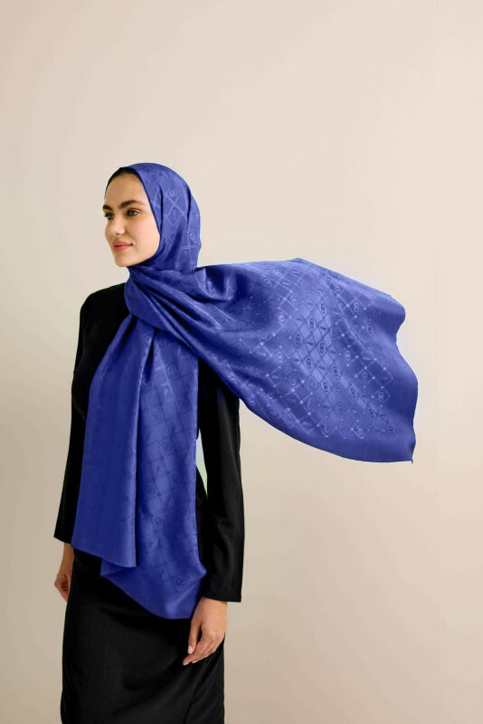 Oriental Chain Night Blue Jacquard Silk Shawl - 1