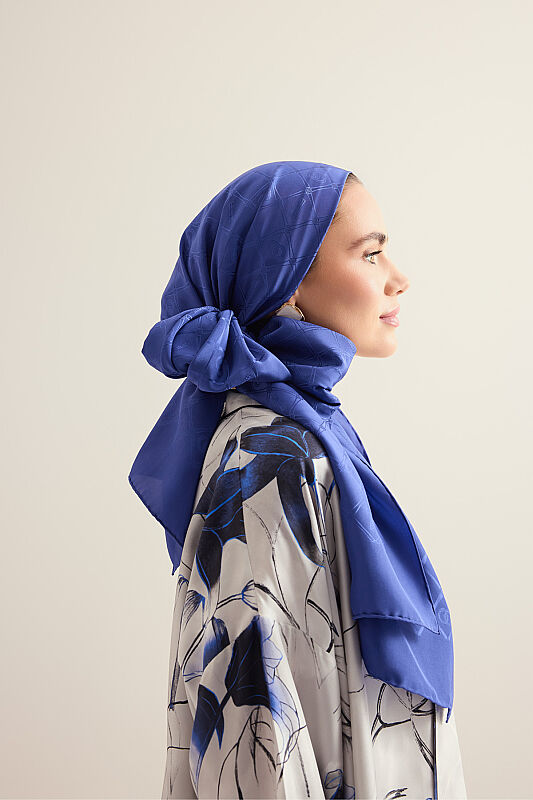 Oriental Chain Night Blue Jacquard Silk Shawl - 3