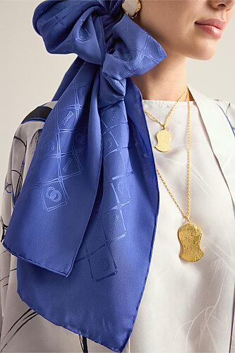 Oriental Chain Night Blue Jacquard Silk Shawl - 5