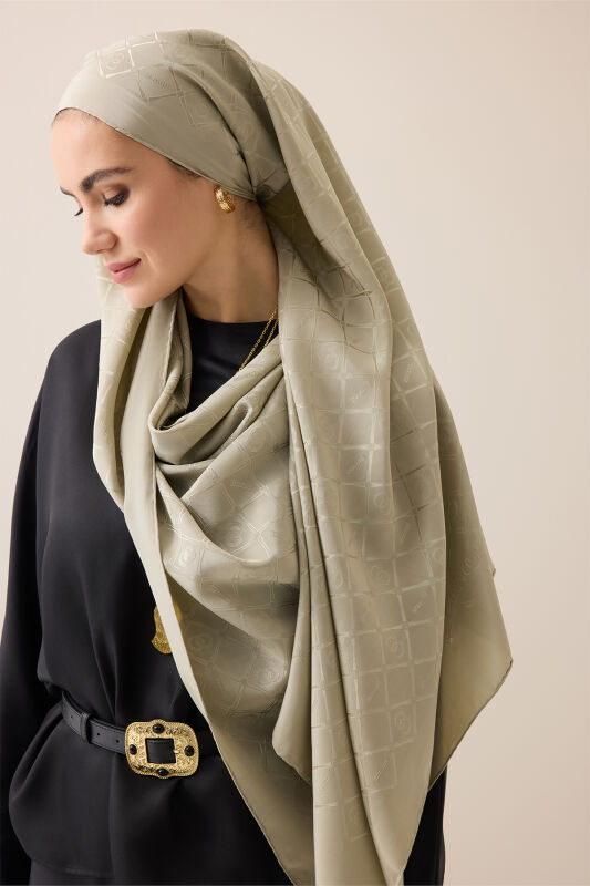 Oriental Chain Sand Beige Jacquard Silk Shawl - 1