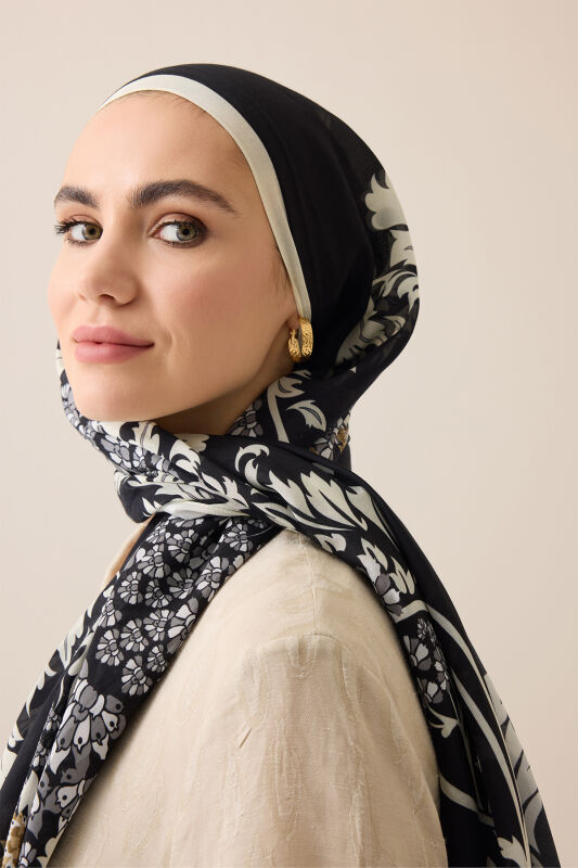 Oriental Flower Black Floss Cotton Shawl - 1