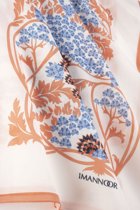 Oriental Flower Caramel-Blue Floss Cotton Shawl - 4