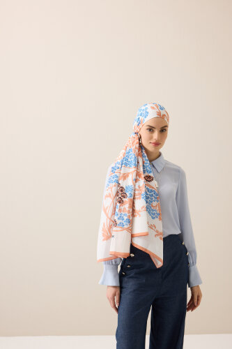 Oriental Flower Caramel-Blue Floss Cotton Shawl - 3