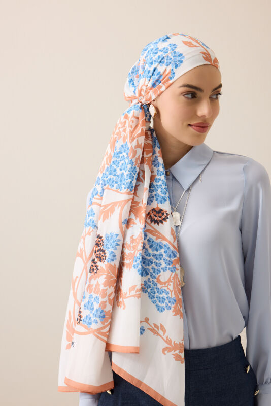 Oriental Flower Caramel-Blue Floss Cotton Shawl - 1