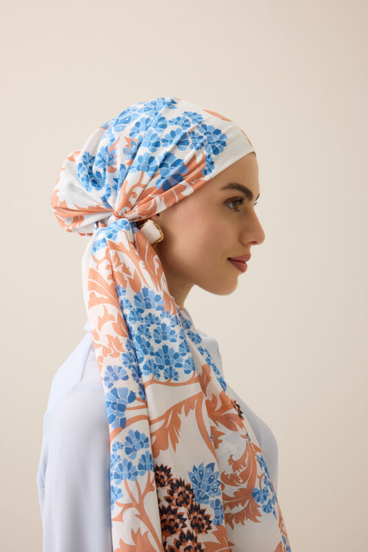 Oriental Flower Caramel-Blue Floss Cotton Shawl - 5