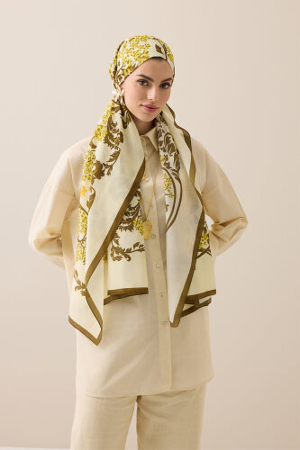 Oriental Flower Olive Green Floss Cotton Shawl - 4