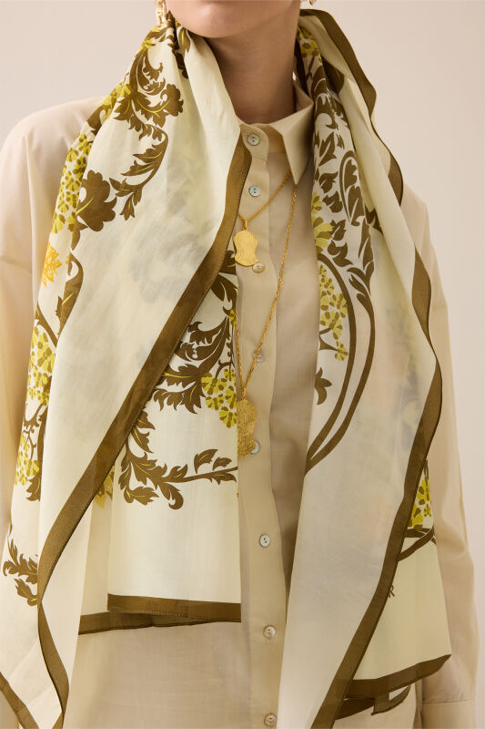 Oriental Flower Olive Green Floss Cotton Shawl - 3