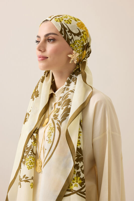 Oriental Flower Olive Green Floss Cotton Shawl - 1