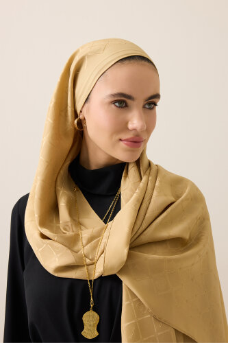 Oryantal Kafes Altın Jakarlı İpek Şal 70x200 - Imannoor (3)