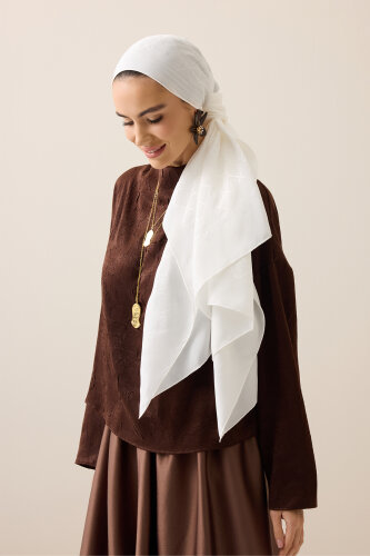 Oryantal Kafes Kırık Beyaz Jakarlı İpek Şal 70x200 - 5