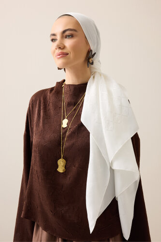 Oryantal Kafes Kırık Beyaz Jakarlı İpek Şal 70x200 - Imannoor (1)