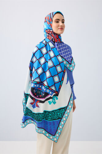 Palace Garden Blue Cotton Silk Shawl 