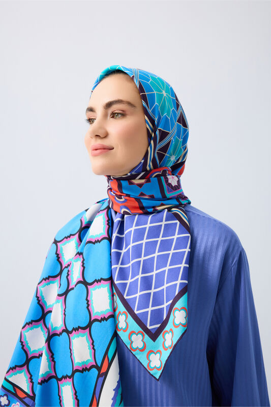 Palace Garden Blue Cotton Silk Shawl - 5