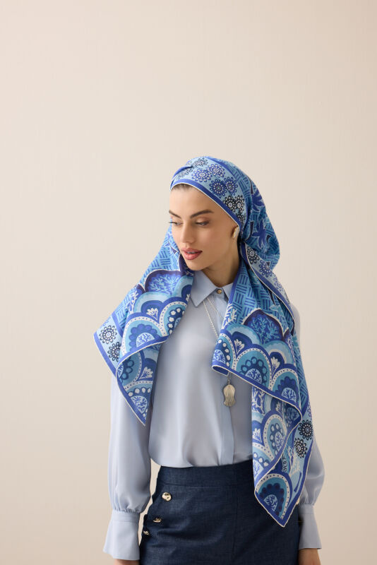 Palm Island Blue Cotton Silk Shawl - 3
